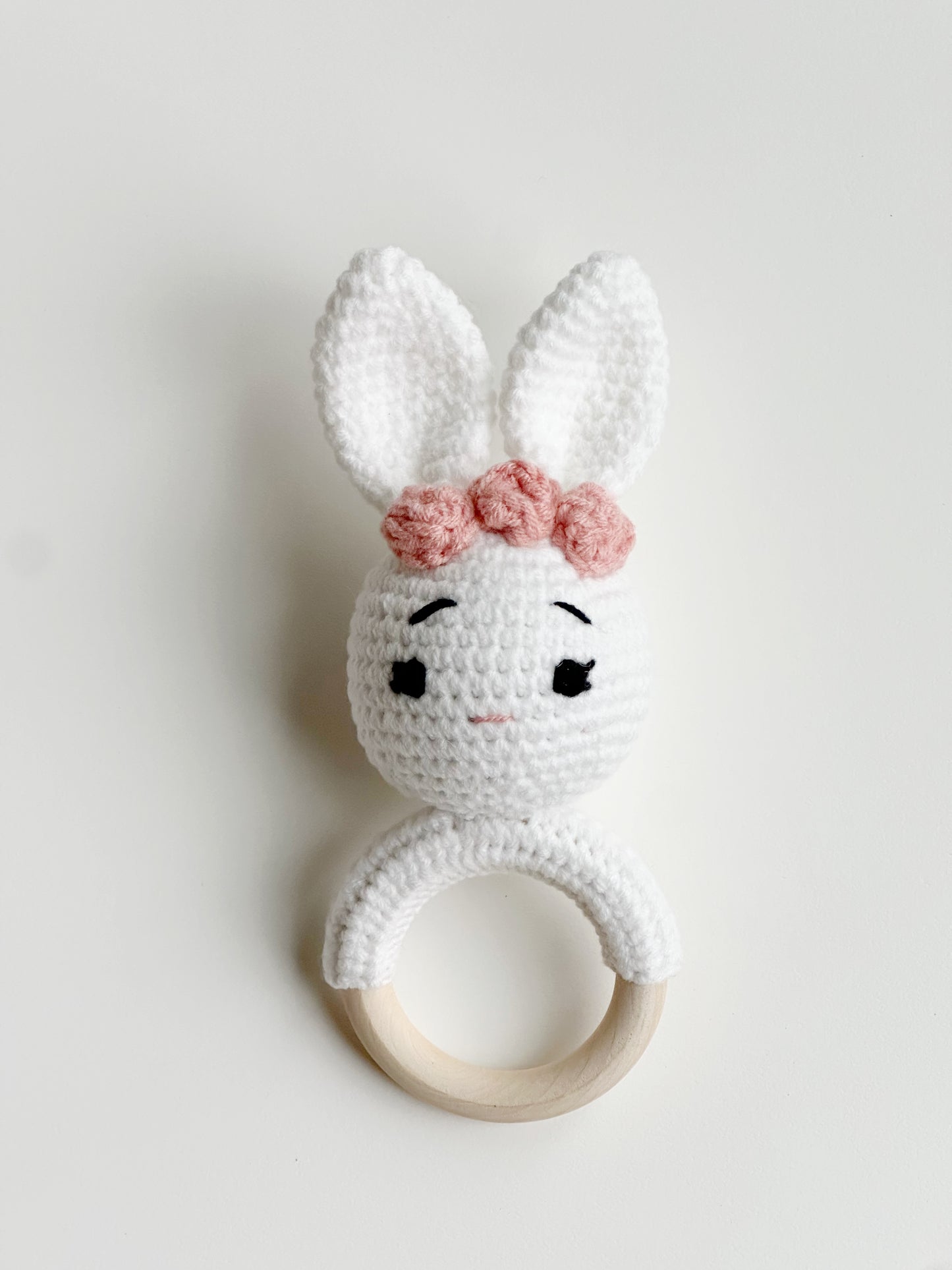 White Floral Bunny Hand Crocheted Rattle