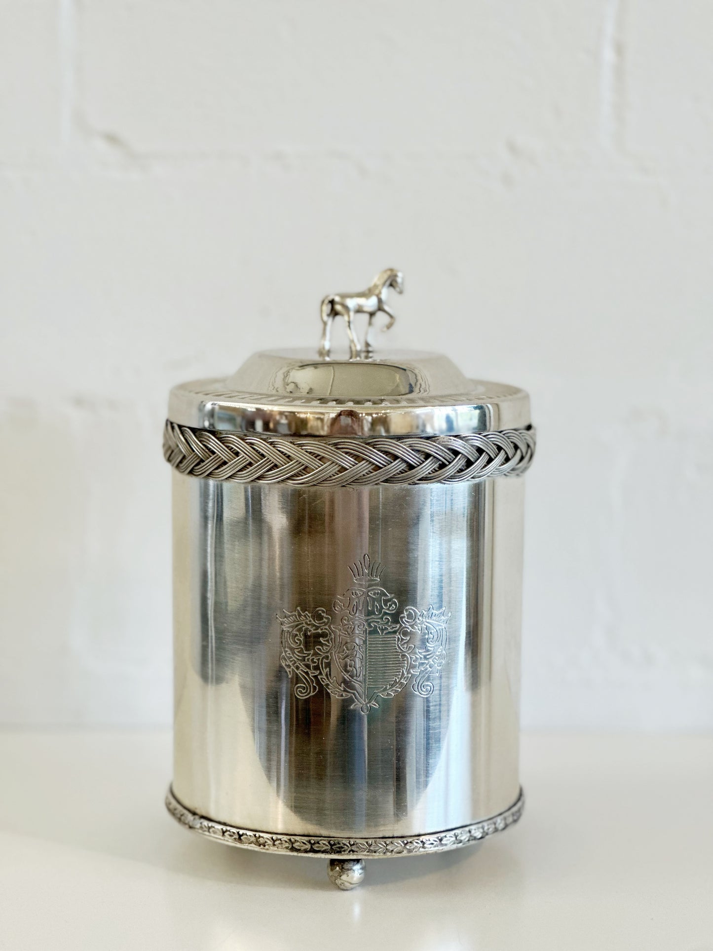 Antique Silver Style Braided Canister with Horse