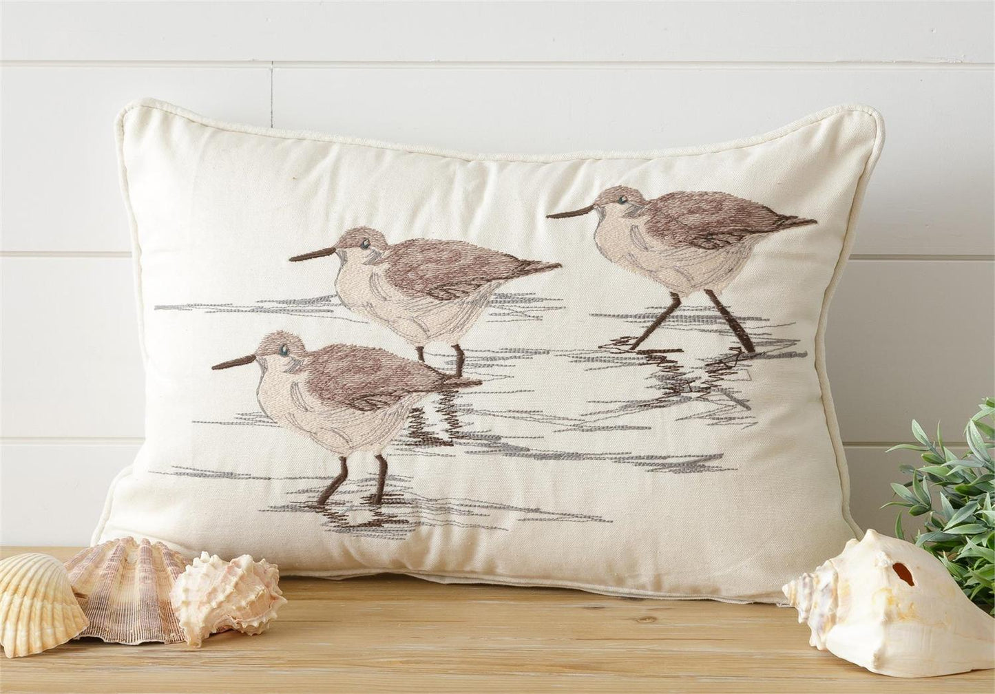 Embroidered Sandpipers Lumbar Pillow