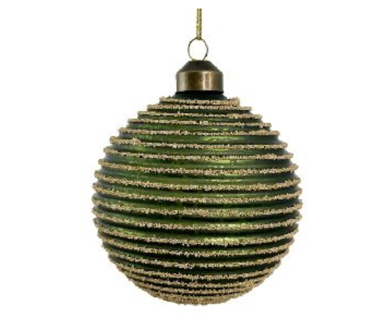 Antique Green w/Gold Beads Lines Glass Ball Ornament