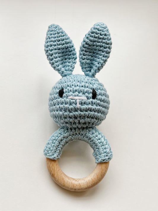 Knitting Bunny Hand Crochet Rattle: Blue