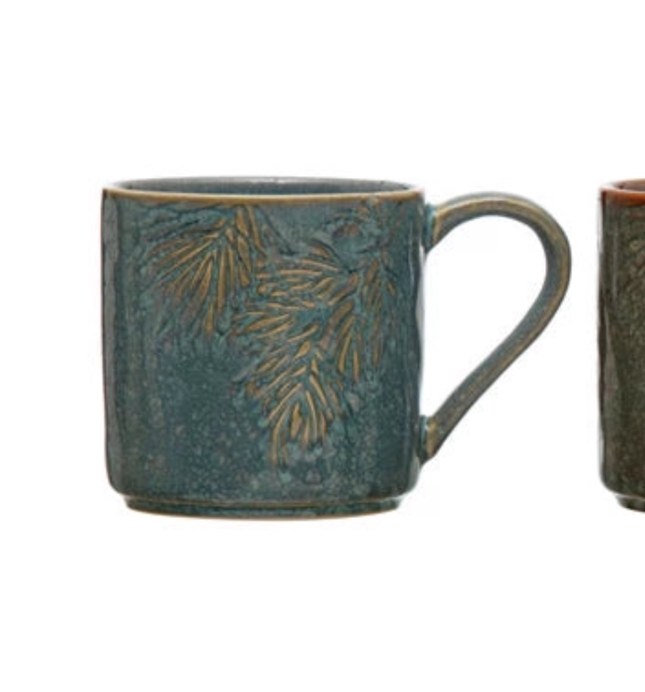 8 oz. Embossed Stoneware Mug w/ Pine Bough, Reactive Glaze, 3 Colors (Each One Will Vary)