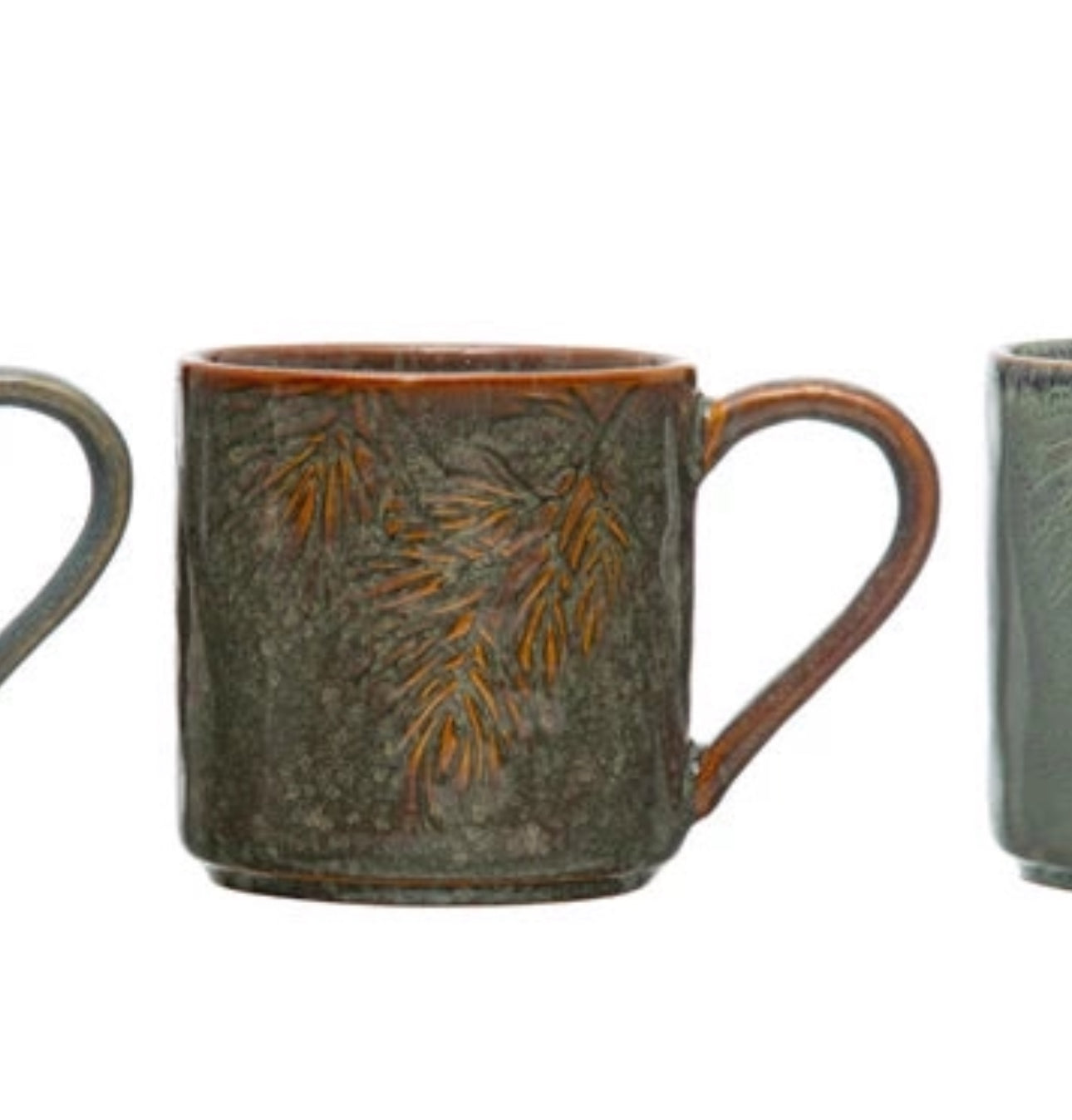 8 oz. Embossed Stoneware Mug w/ Pine Bough, Reactive Glaze, 3 Colors (Each One Will Vary)