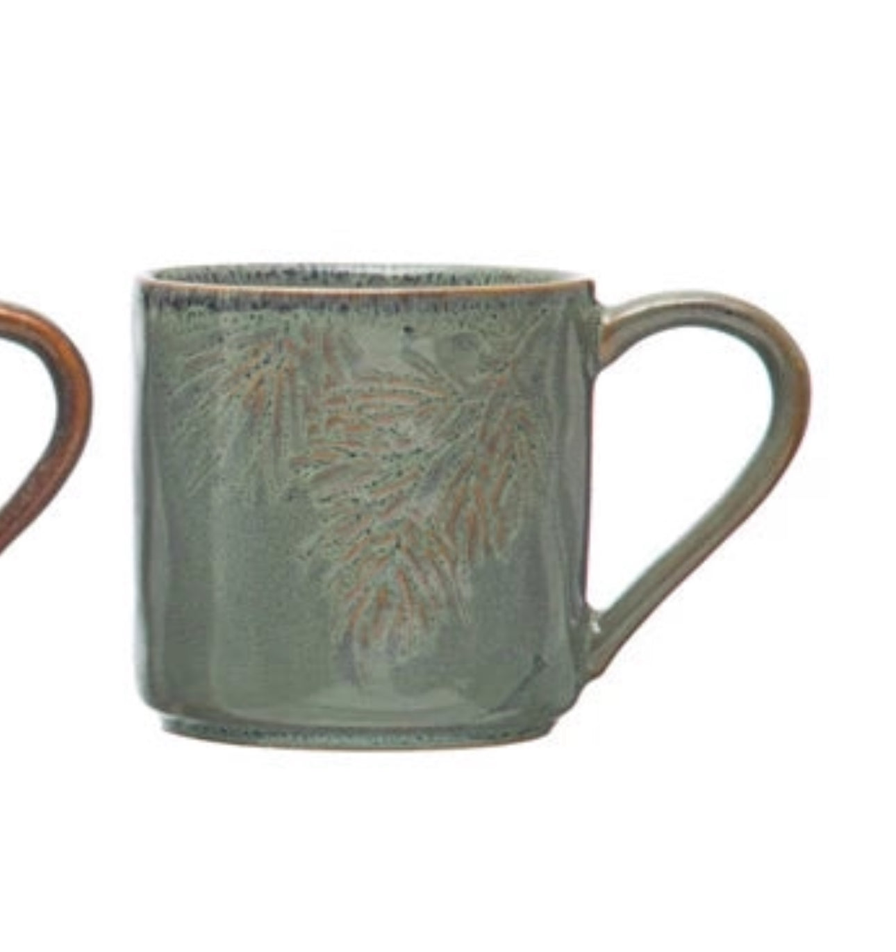 8 oz. Embossed Stoneware Mug w/ Pine Bough, Reactive Glaze, 3 Colors (Each One Will Vary)