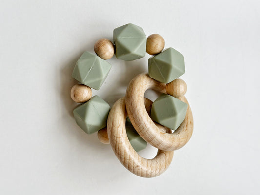 Silicone & Wooden Ring Teething Rattle: Green