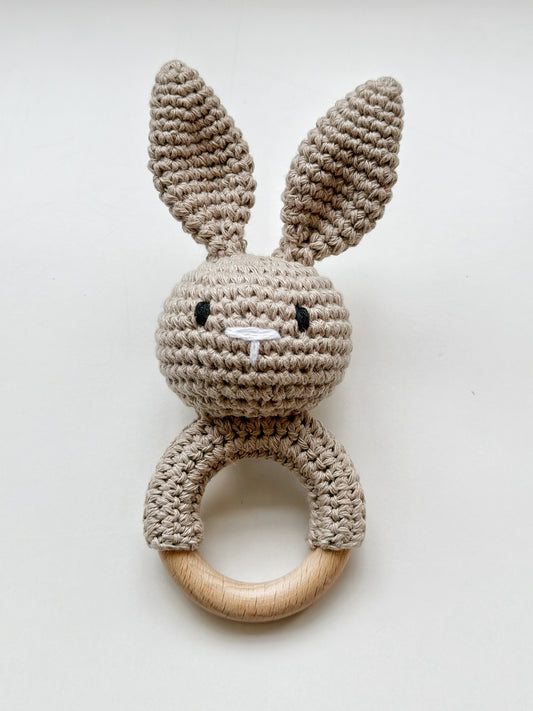 Knitting Bunny Hand Crochet Rattle: Khaki