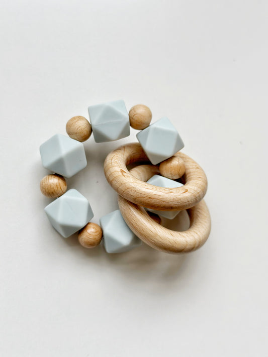Silicone & Wooden Ring Teething Rattle: Blue