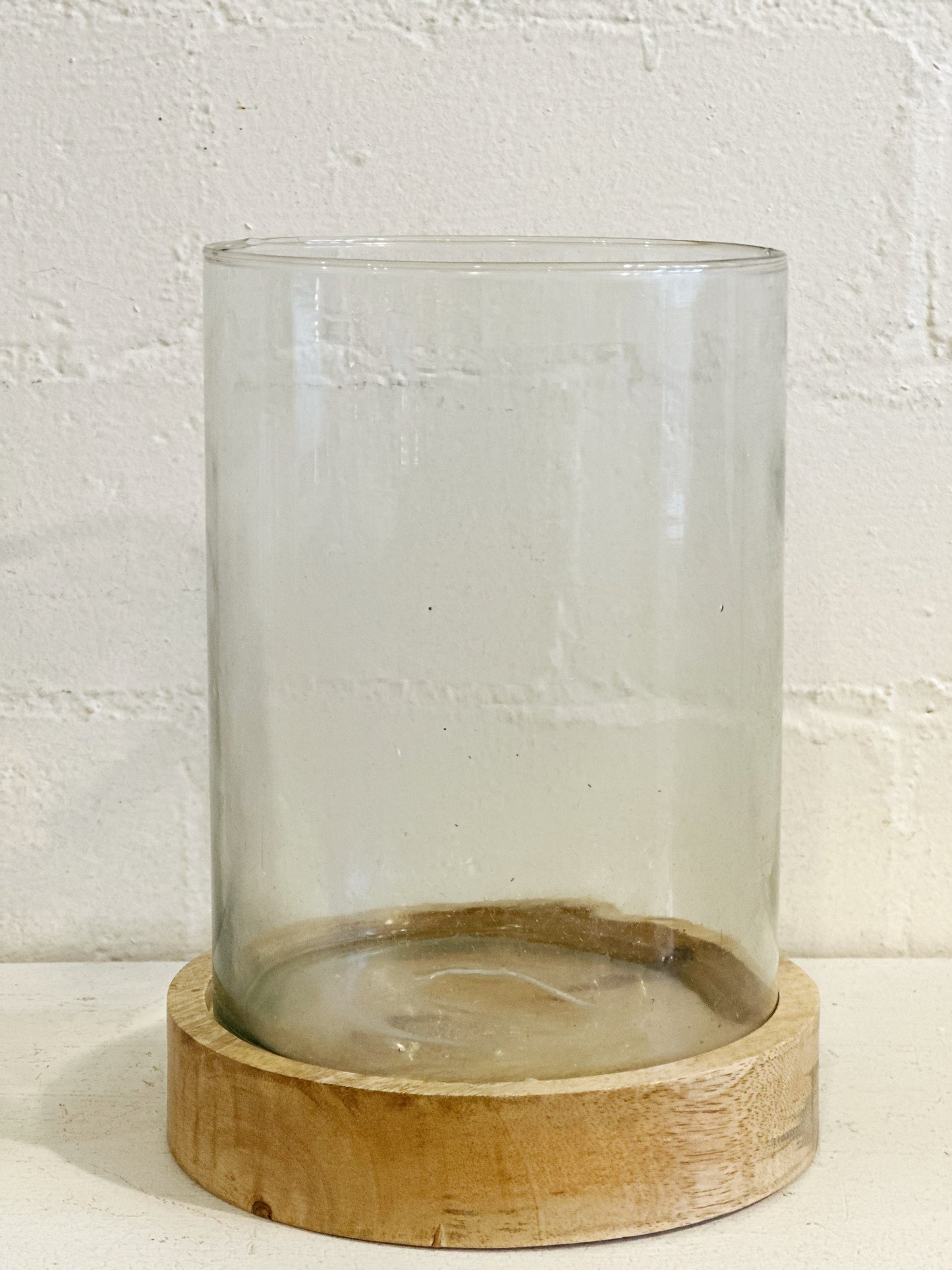GLASS CYLINDER ON WOOD BASE