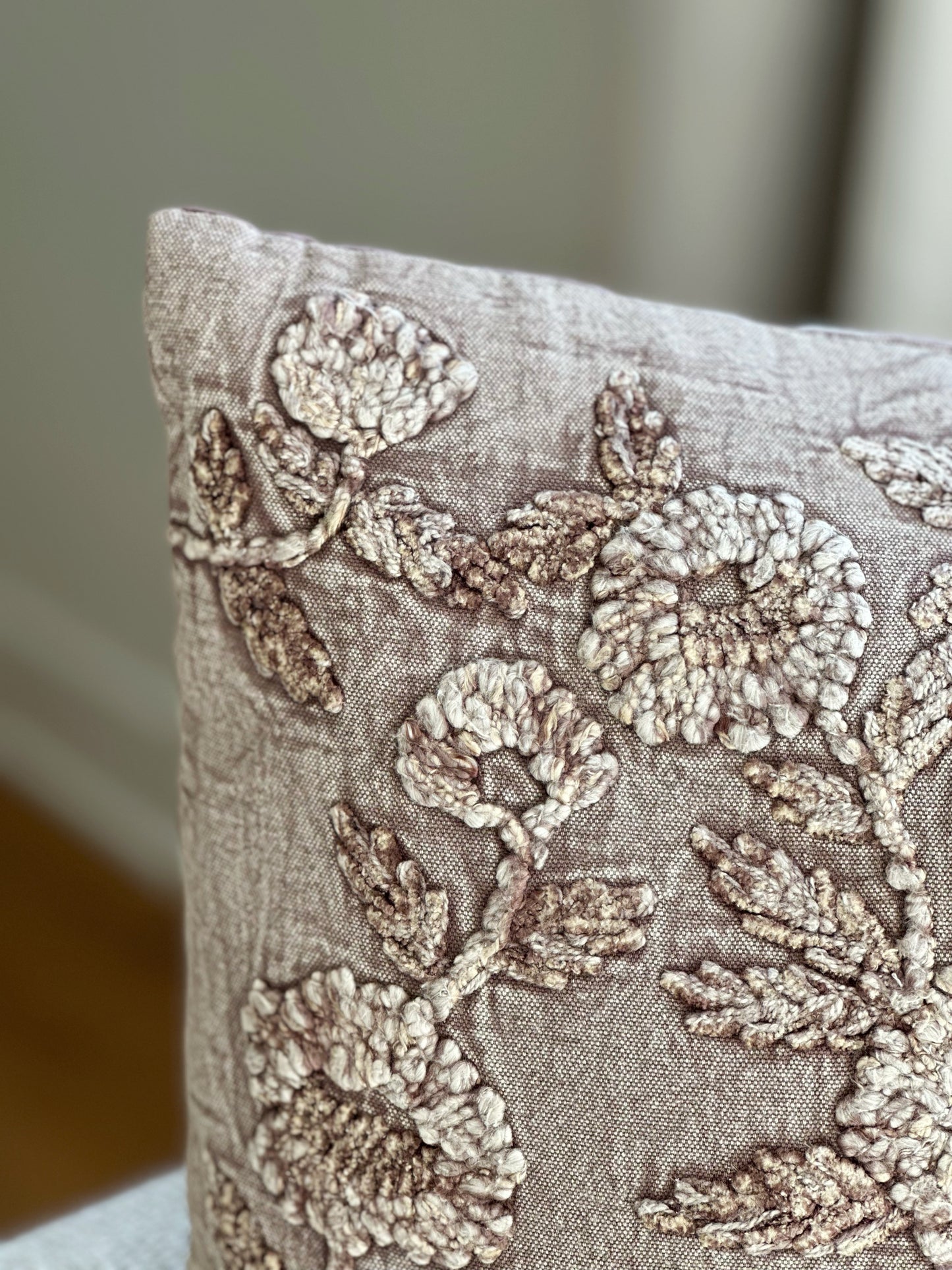 Cotton Stone Washed Taupe Floral Embroidered Pillow