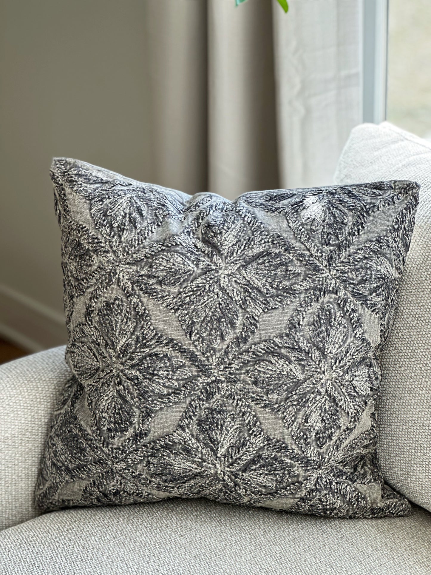 COTTON STONE WASHED GRAY FLORAL EMBROIDERED PILLOW