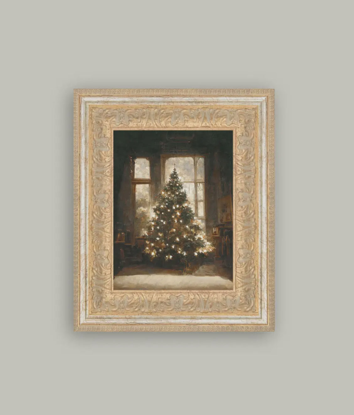 Glowing Christmas Tree Framed Antique Art: 10x12