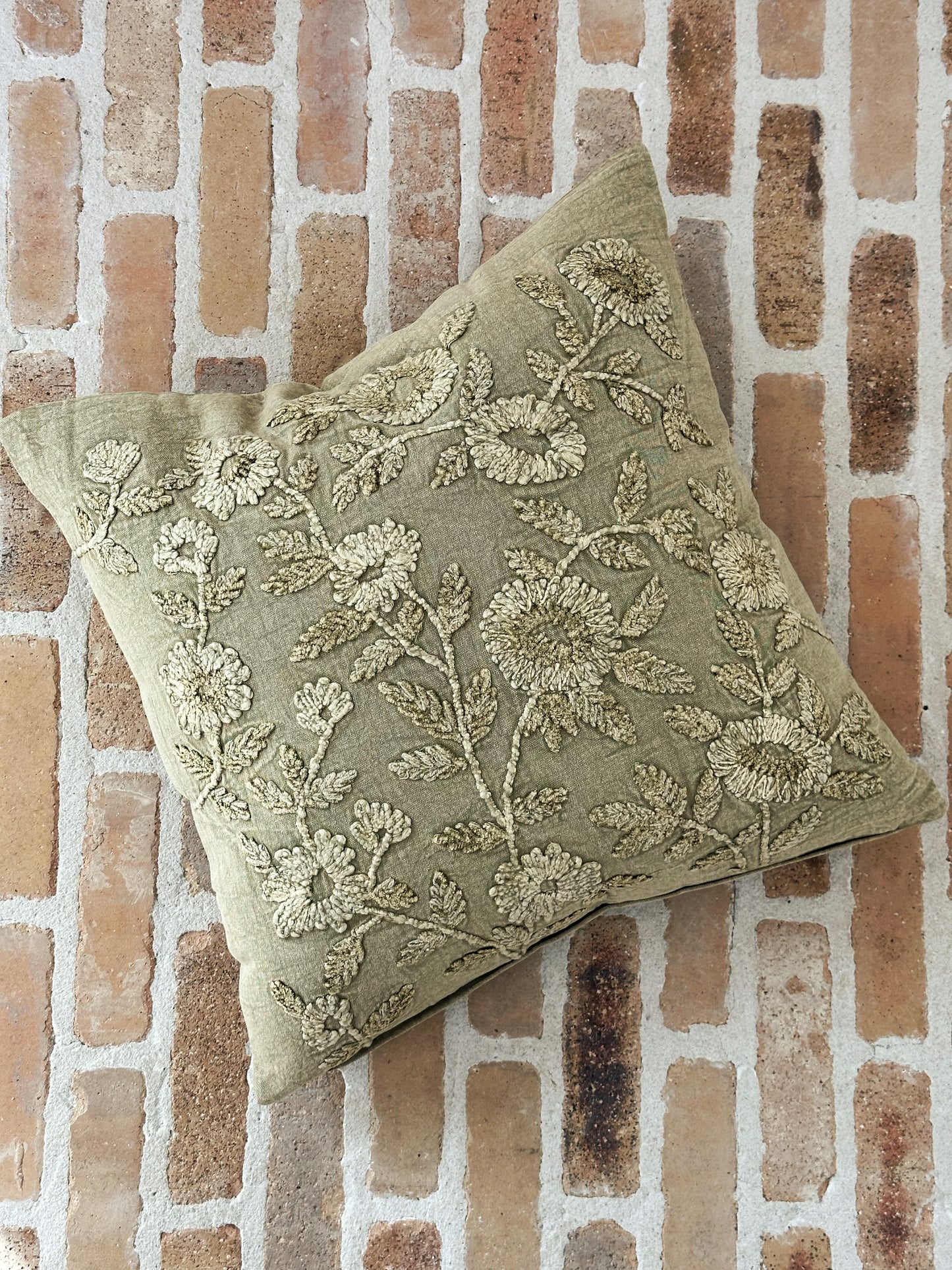Cotton Stone Washed Sage Green Floral Embroidered Pillow