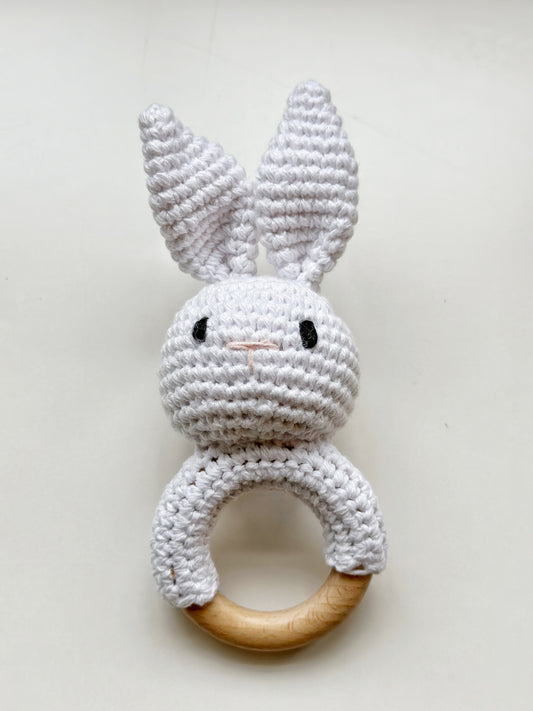 Knitting Bunny Hand Crochet Rattle: White