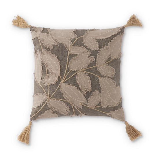 GRAY PILLOW W/TAUPE LEAF EMBROIDERED APPLIQUE & TASSELS
