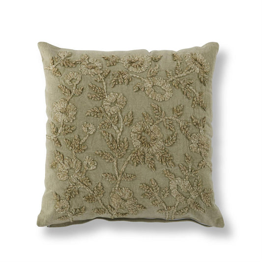 Cotton Stone Washed Sage Green Floral Embroidered Pillow