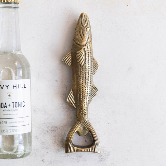 Cast Aluminum Fish Shaped Bottle Opener, Antique Gold Finish