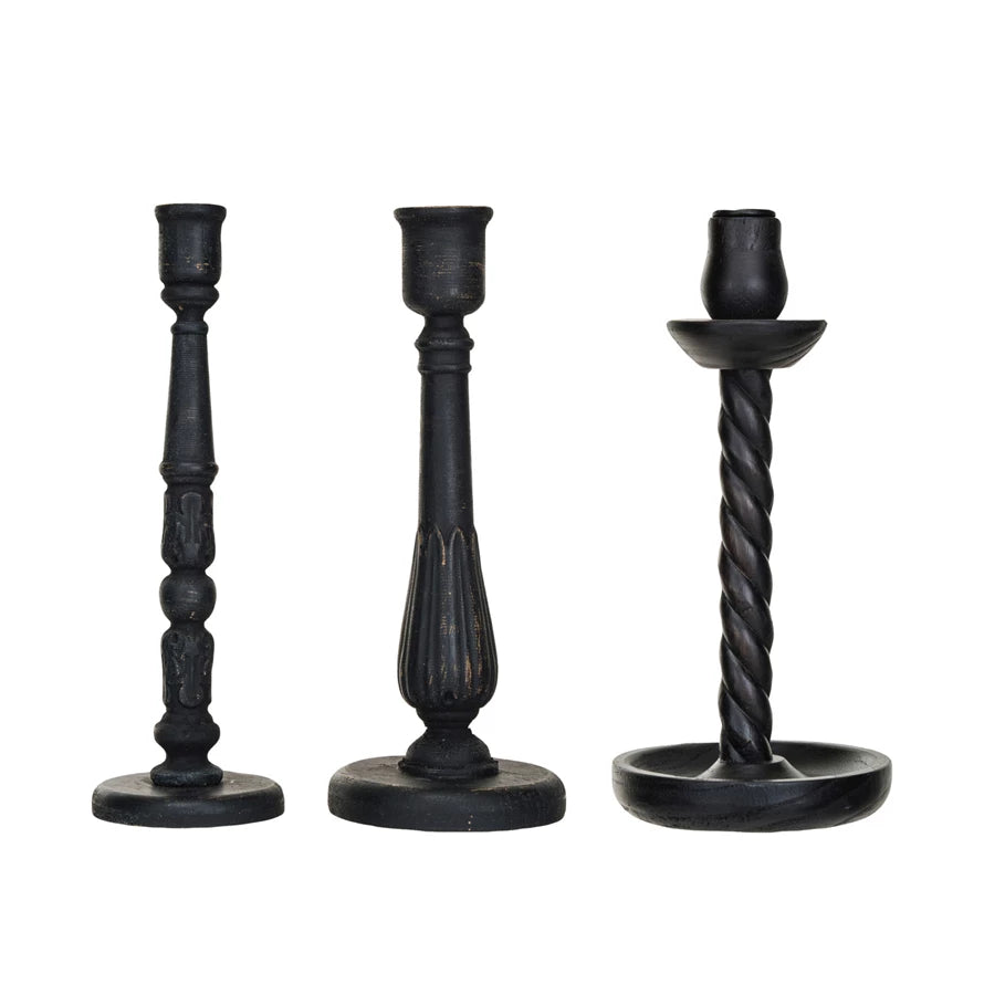 Carved Wood Taper Holders, Distressed Black