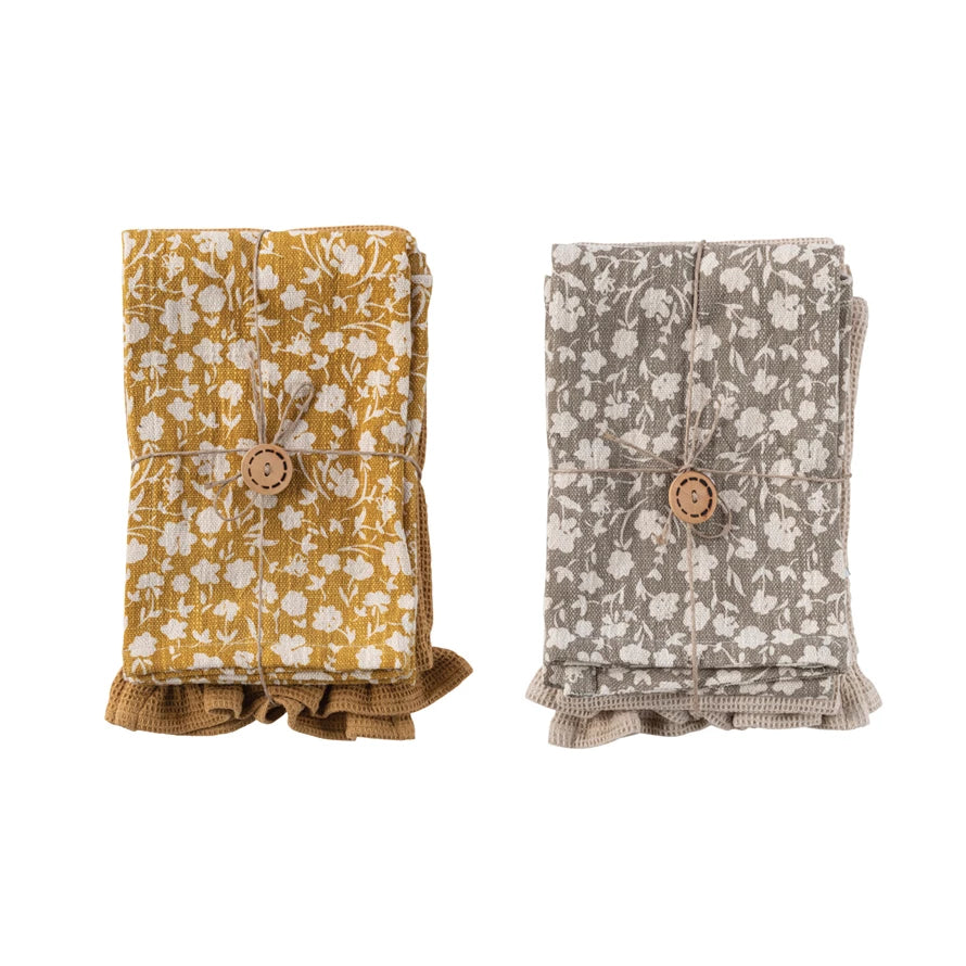Cotton Slub Printed & Cotton Waffle Tea Towels, Set of 2, 2 Styles