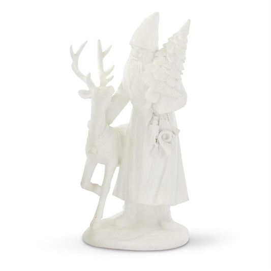 GLITTERED WHITE RESIN SANTA W/REINDEER