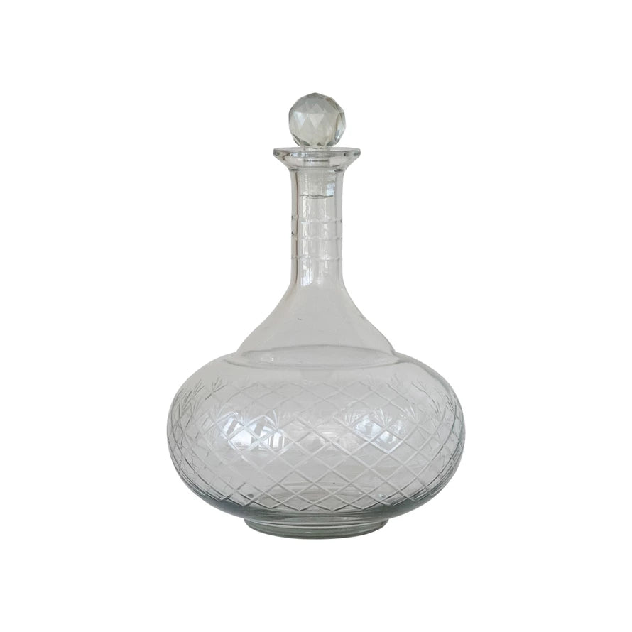 3 Quart Recycled Etched Glass Decanter w/ Glass Stopper