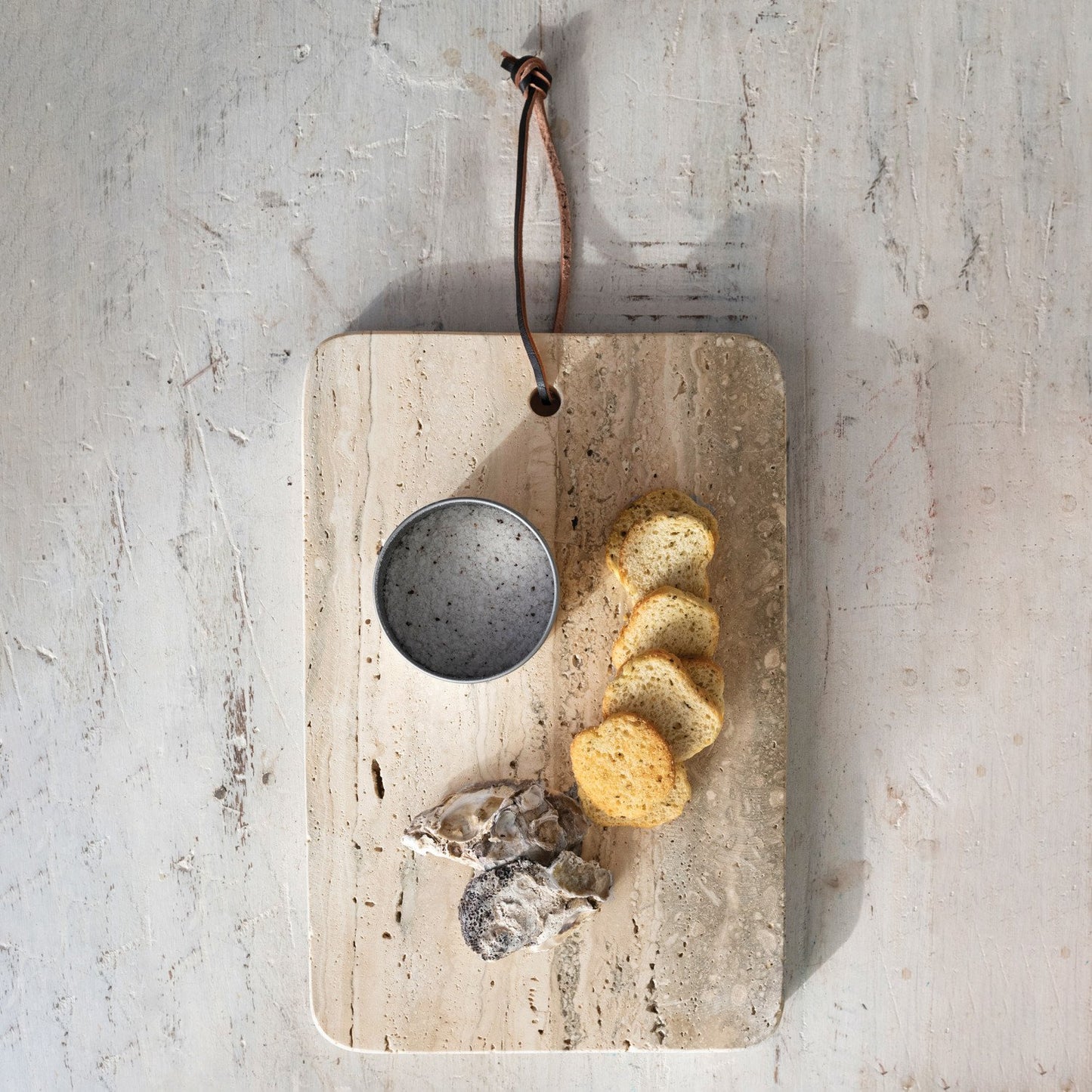 Travertine Cheese/Cutting Board w/ Leather Tie (Each One Will Vary)