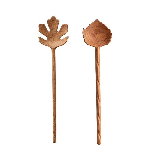 Carved Doussie Wood Leaf Shaped Salad Servers, Set of 2