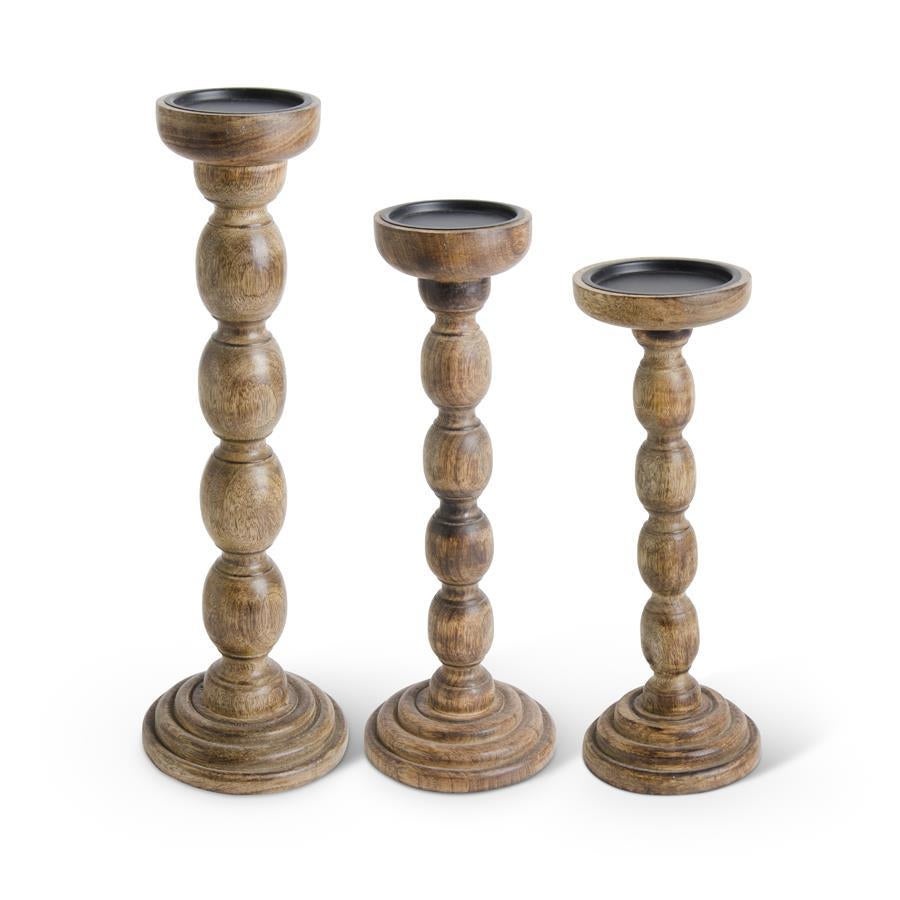 BROWN WOOD SPINDLE CANDLEHOLDERS