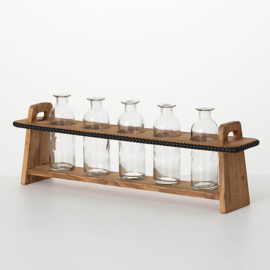 GLASS VASES WITH WOODEN STAND