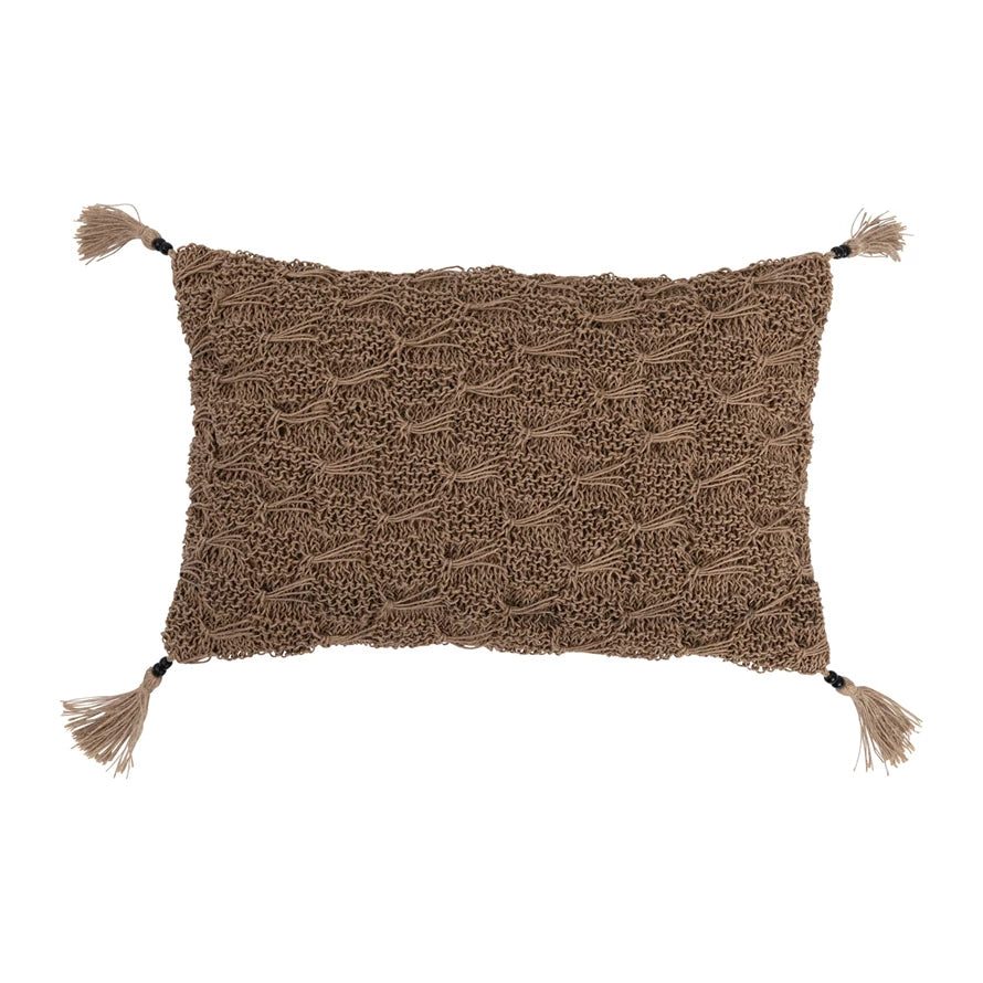 Hand-Woven Cotton and Jute Macrame Lumbar Pillow with Jute Tassels and Mango Wood Beads
