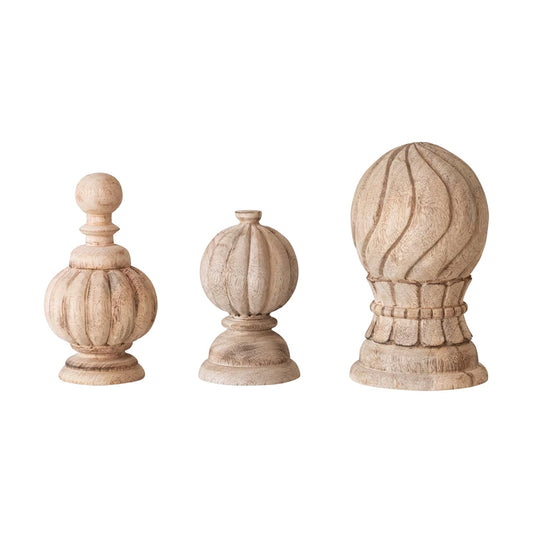Hand-Carved Mango Wood Finials, Bleached