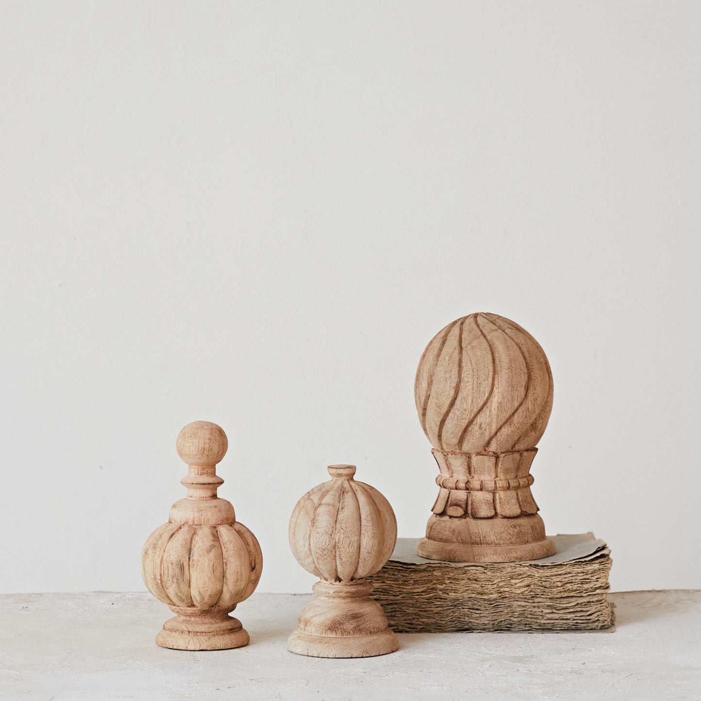 Hand-Carved Mango Wood Finials, Bleached