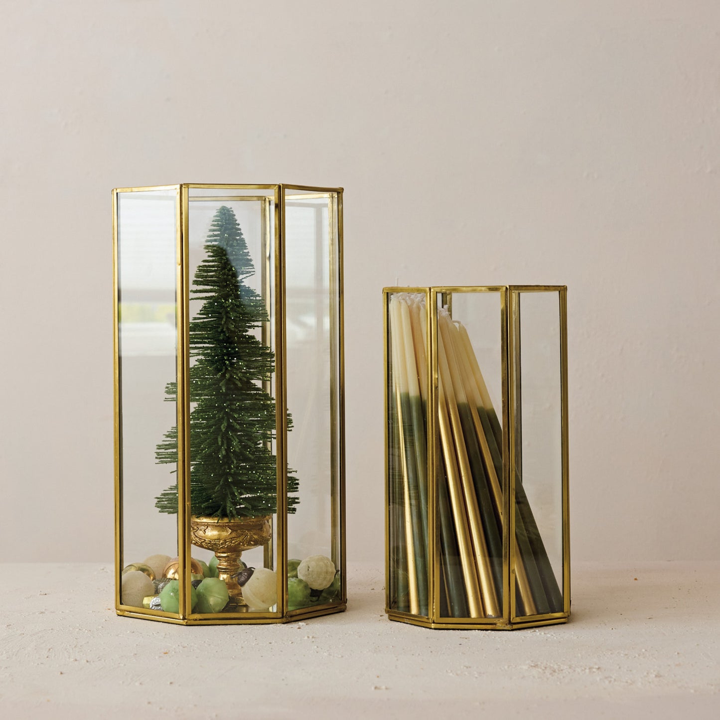 Glass & Brass Octagon Shaped Candle Holder/Container with Mirrored Bottom, Antique Finish