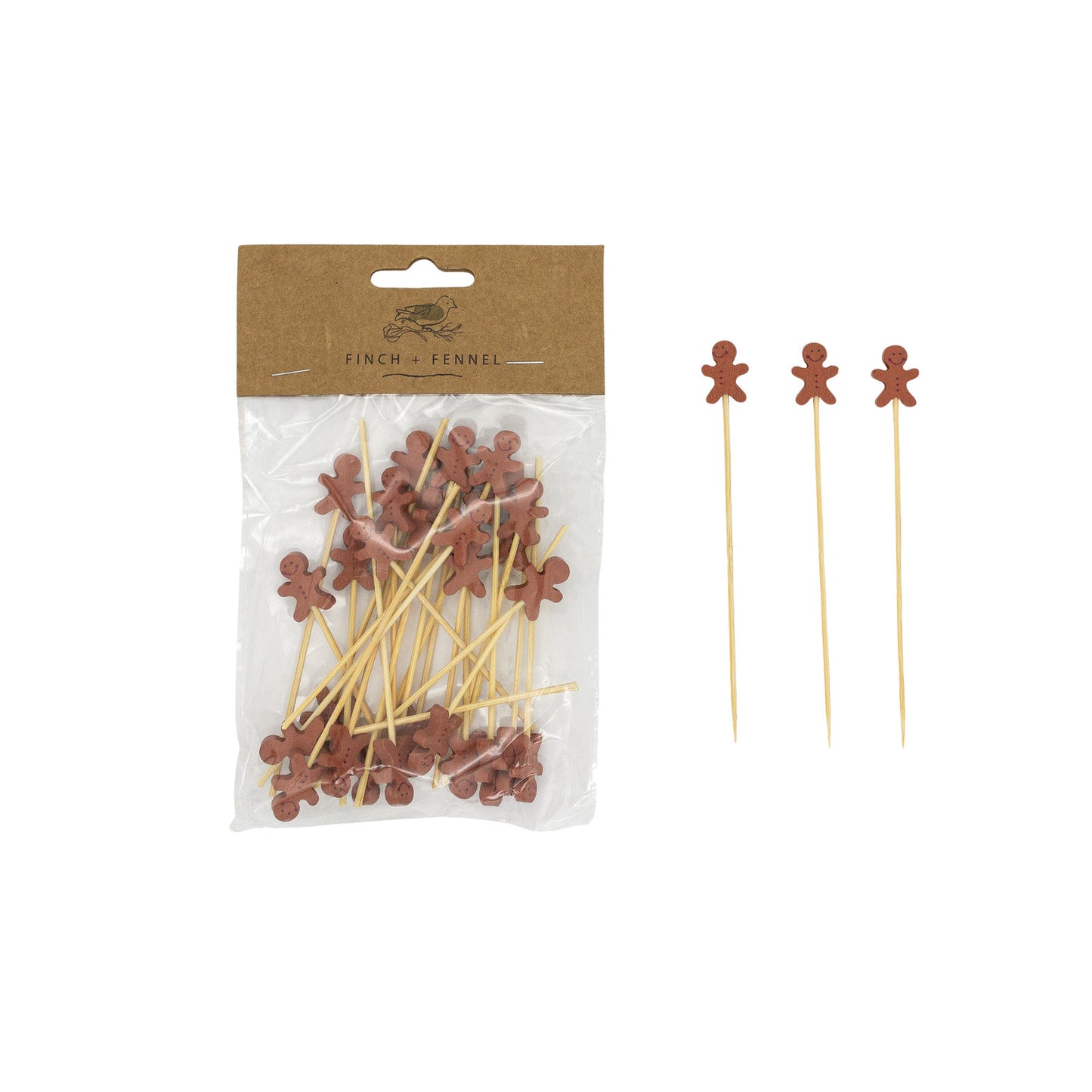 Bamboo Single Use Picks w/ Gingerbread Man Shaped Handles, Natural & Brown, Set of 50