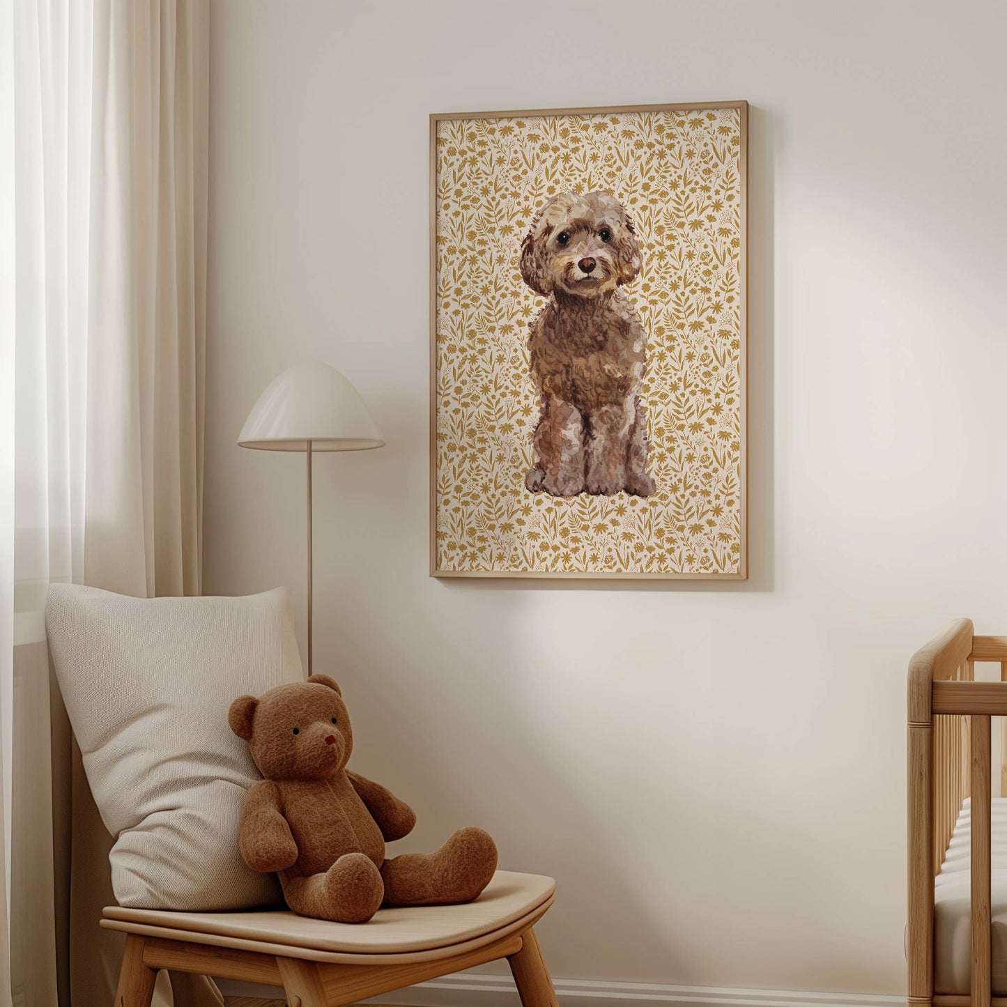 Cockapoo Print with Tan Floral Background: 5" x 7" (vertical)