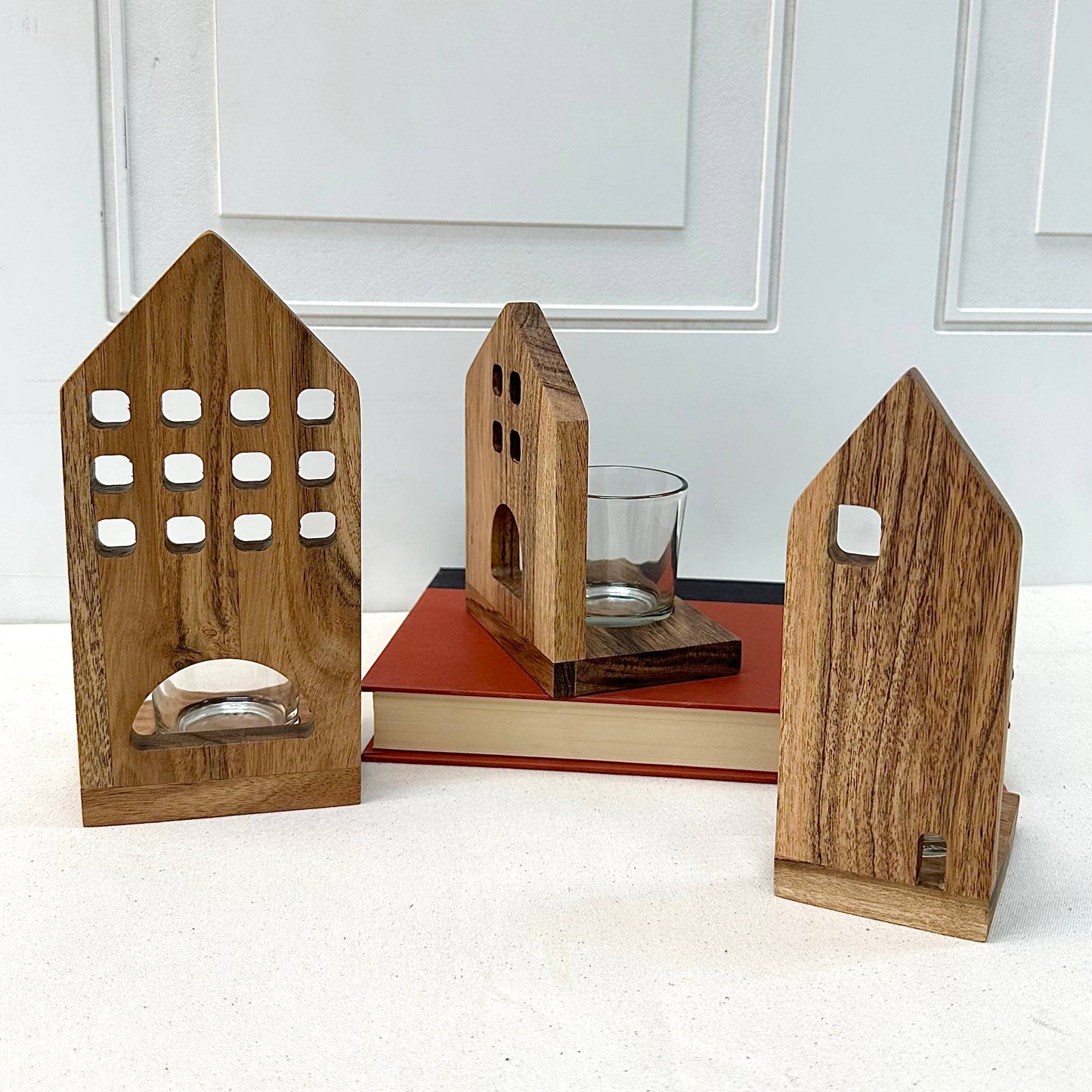 Wood Deco House w/Glass votive holder