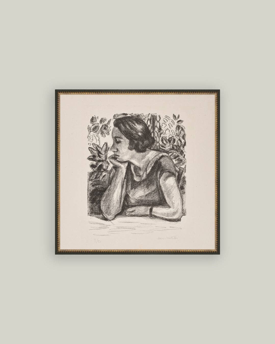 Woman Resting on Her Arm Framed Antique Art: 6x6