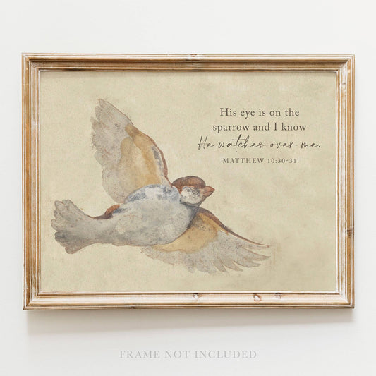 Sparrow Scripture Wall Art Print Christian Gift Decor: 5x7 Heirloom Print (Unframed)