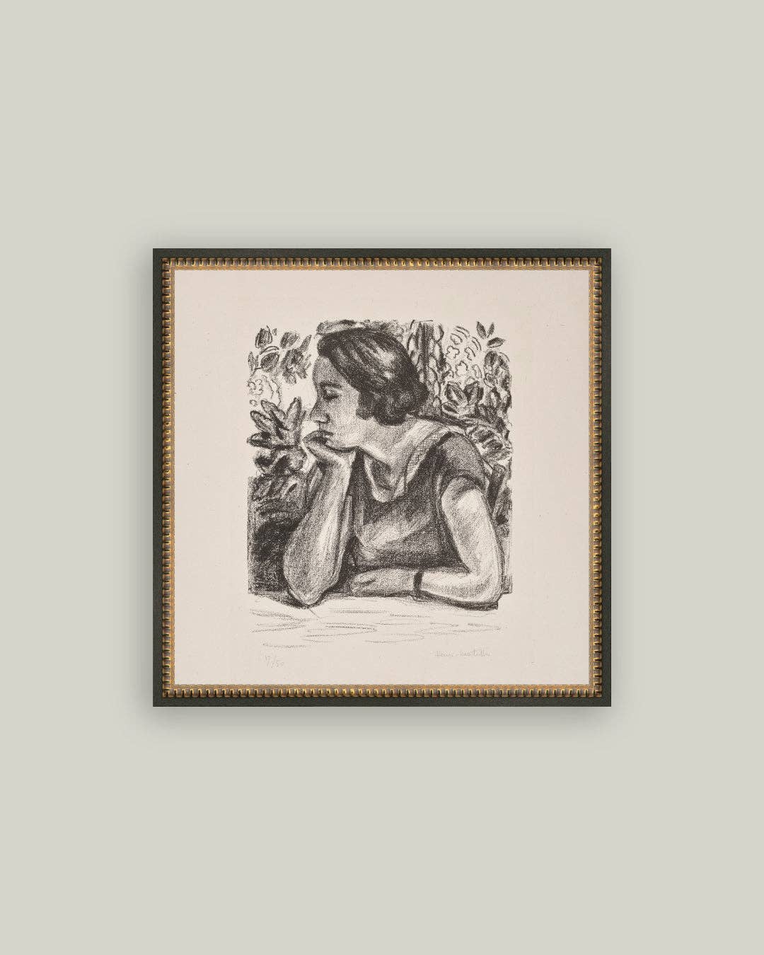 Woman Resting on Her Arm Framed Antique Art: 6x6