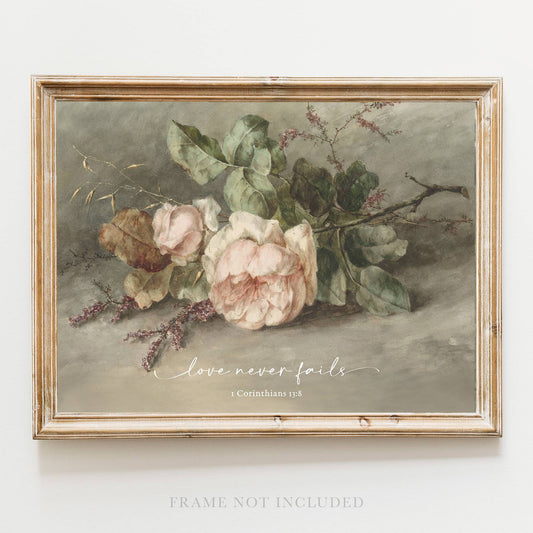 Love Never Fails Wall Art Print Christian Gift Decor Vintage: 8x10