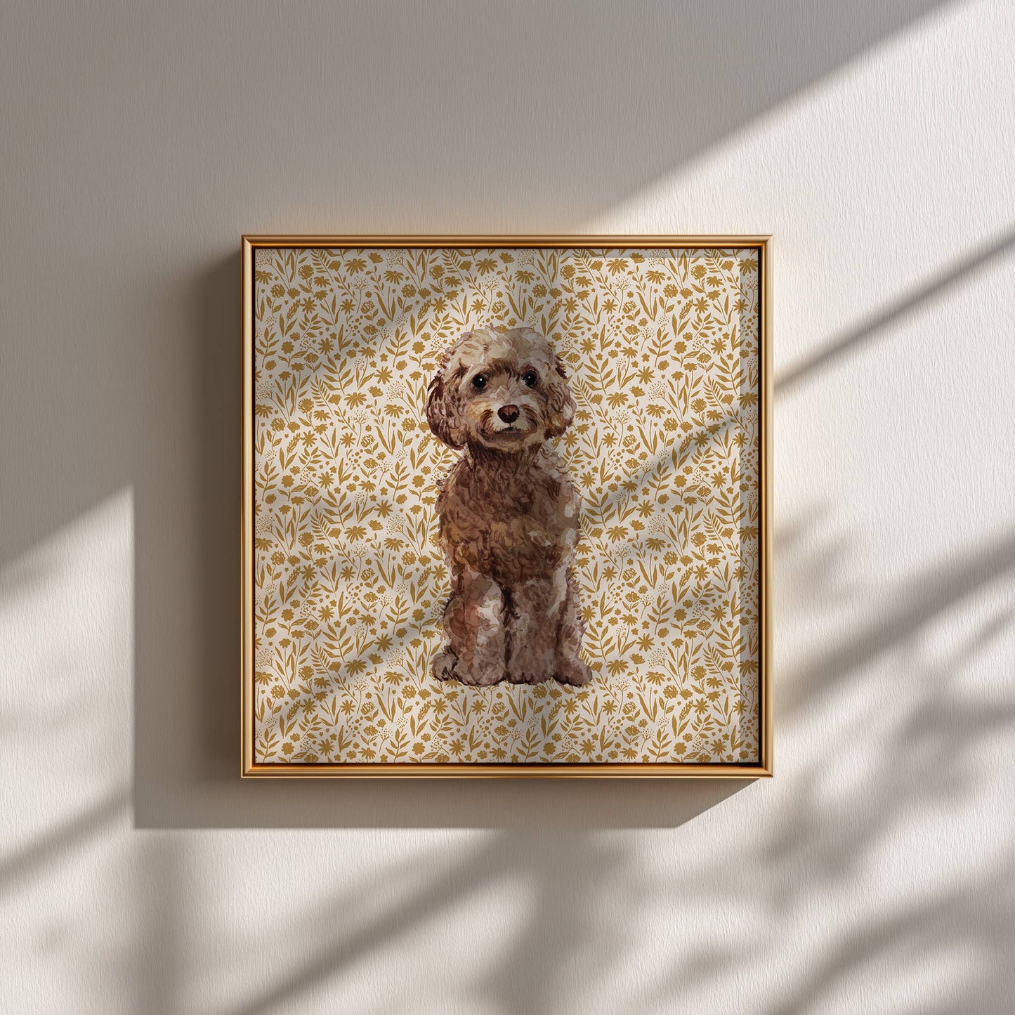 Cockapoo Print with Tan Floral Background: 5" x 7" (vertical)