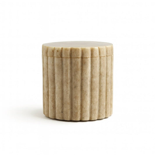 Med. Beige Marble Canister w/ Grooving 4"H: Beige / Marble