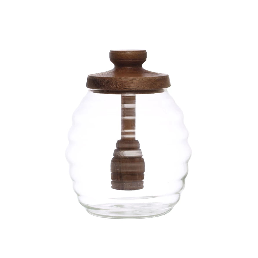 Glass Honey Jar w/ Wood Lid & Attached Honey Dipper