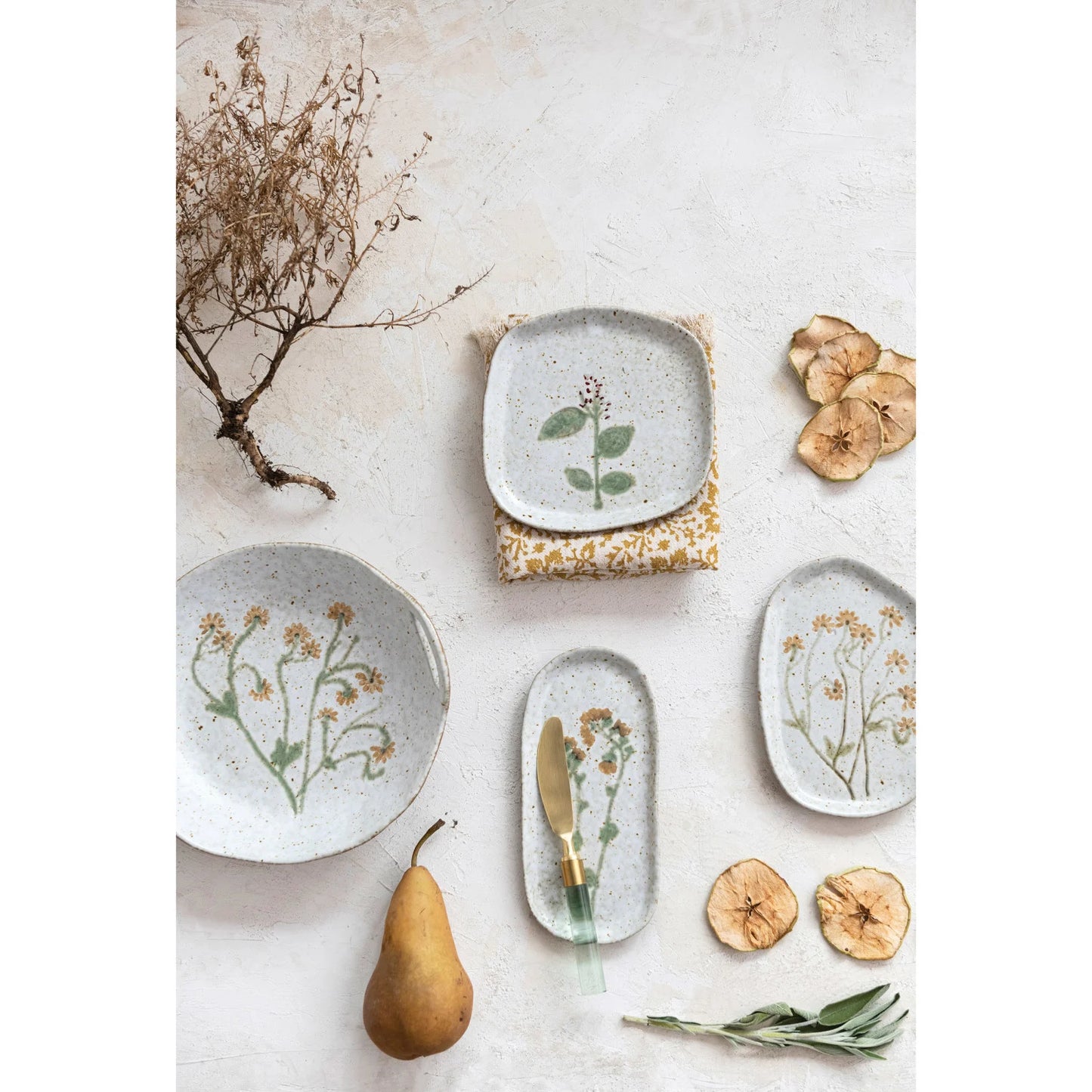 Hand-Painted Stoneware Bowl w/ Handles & Botanicals (Each One Will Vary)