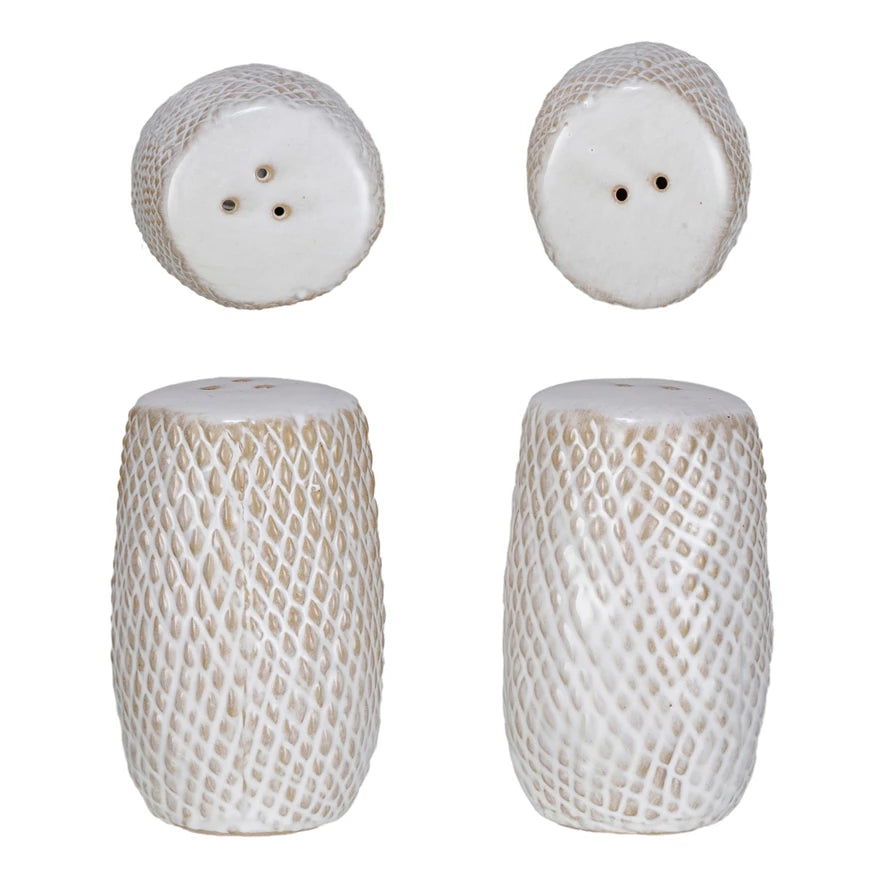 Debossed Stoneware Salt & Pepper Shakers, Set of 2