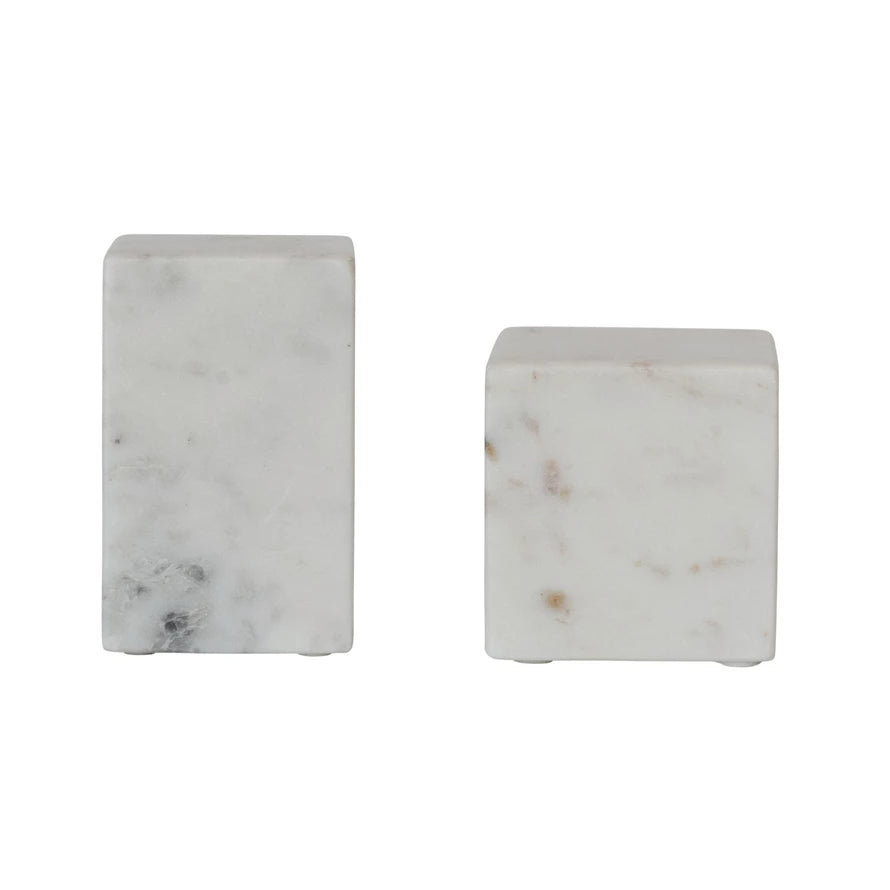 Marble Cube & Cuboid Bookends, White, Set of 2