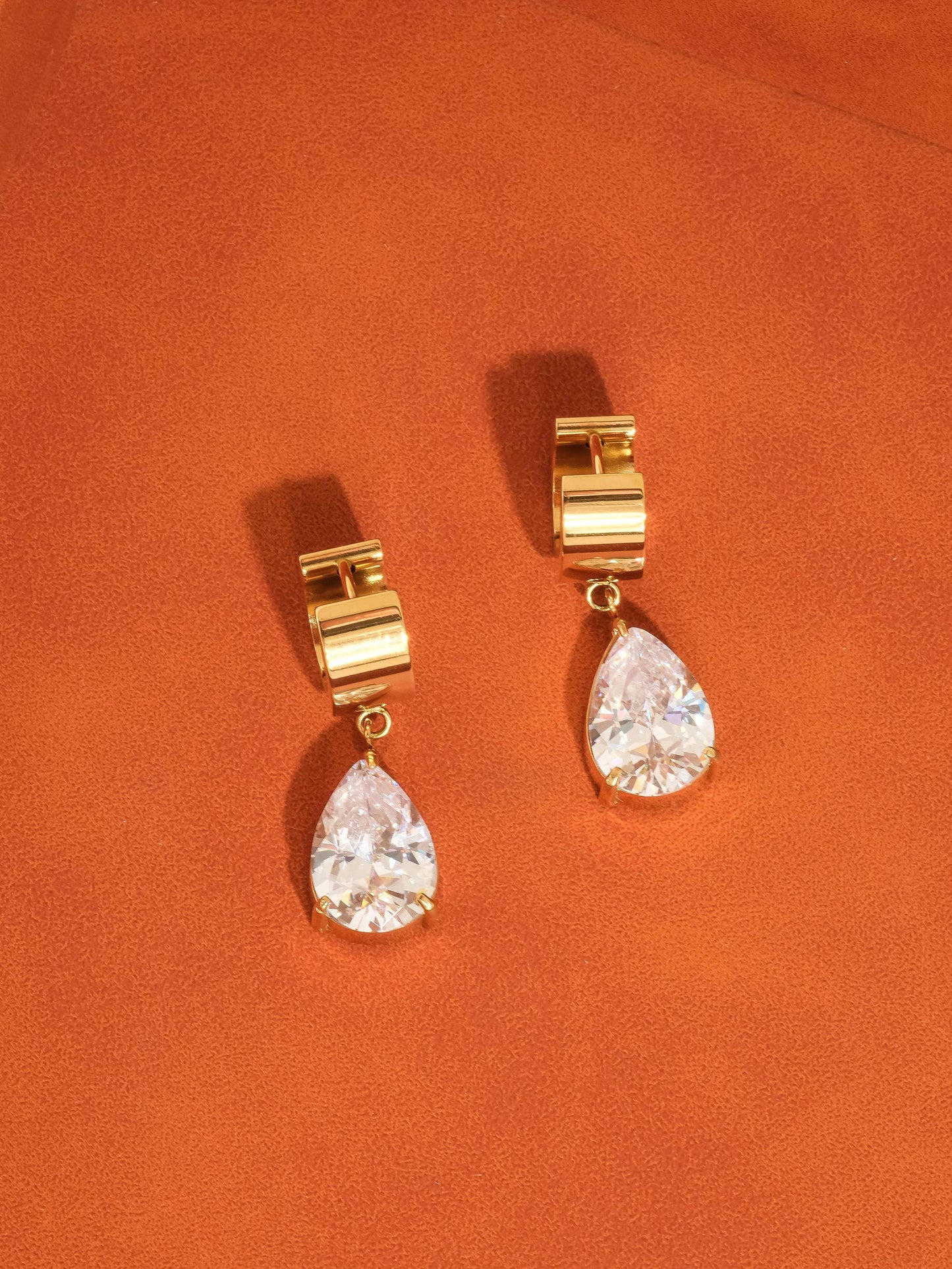 Glissade 18K Gold Non-Tarnish CZ Drop Huggie Earrings: Yellow Gold / T-Teardrop