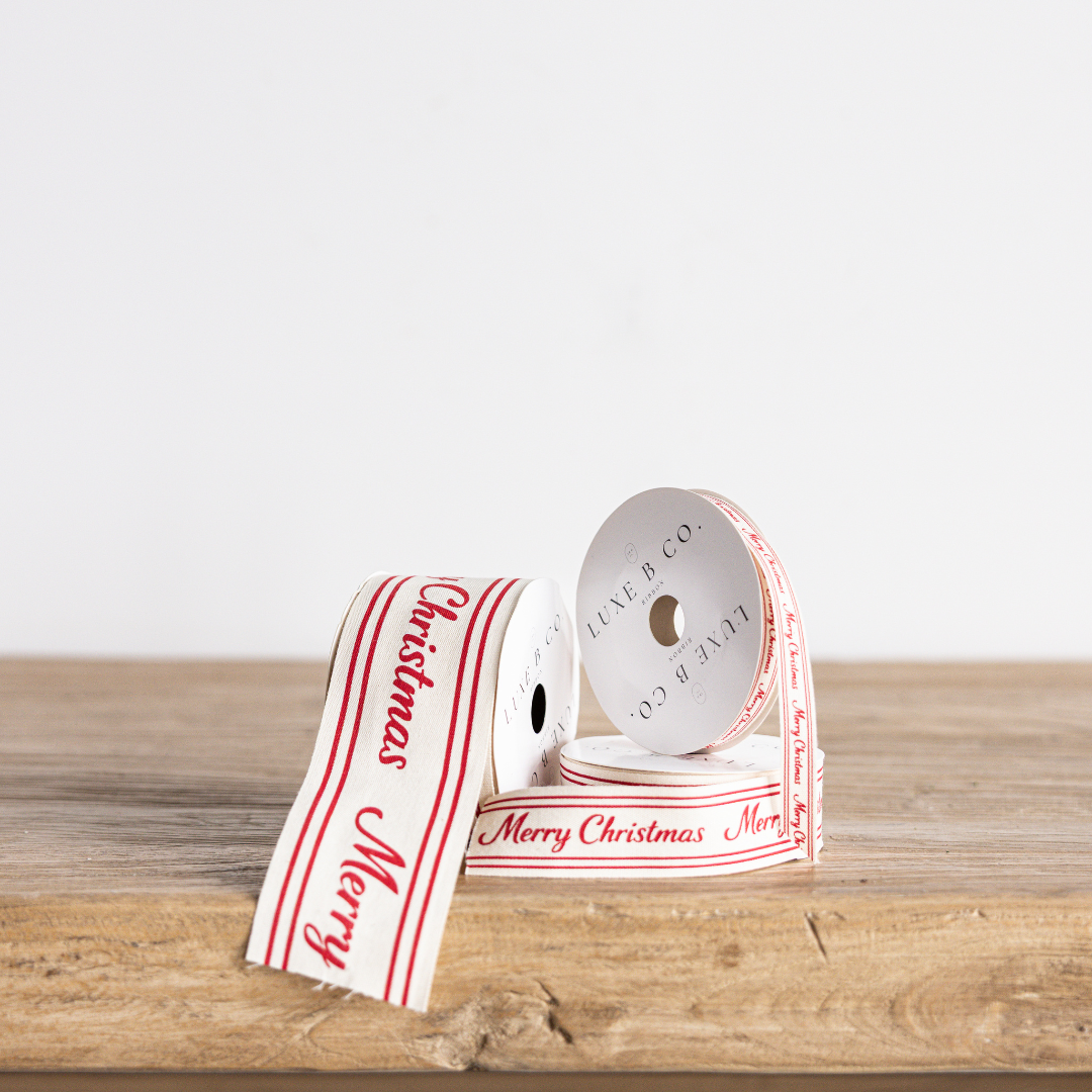 Red Cursive Writing Merry Christmas Ribbon: Small