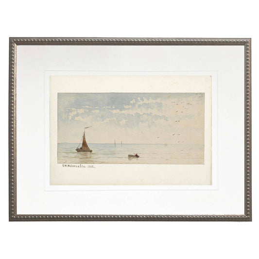 Vintage watercolor sailboat scene B matted: Silver with tiny bead detail 275-18 / 16" X 12"