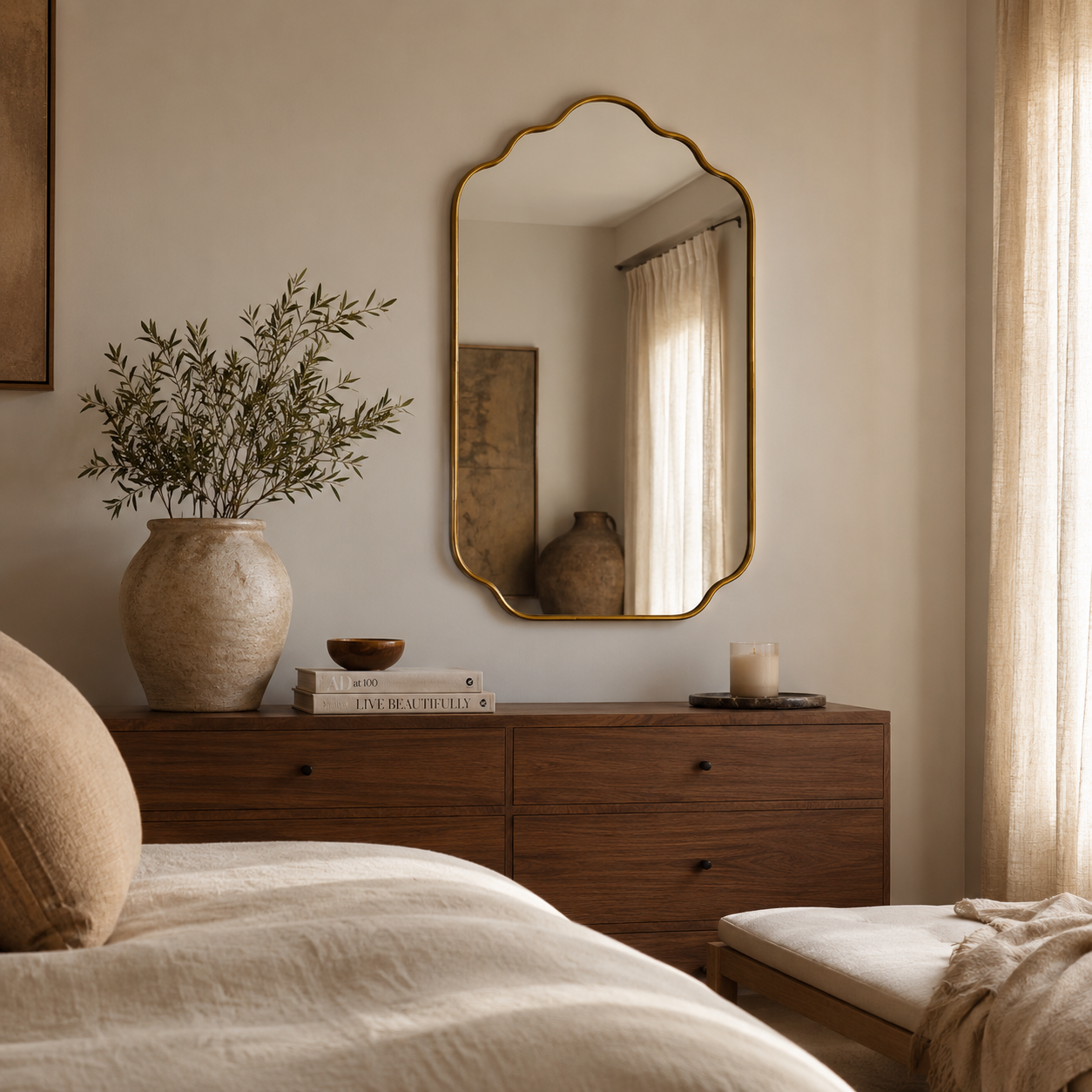 Handmade Antique Brass Scalloped Wall Mirror | Moroccan Brass Vanity Mirror: 27.5" H × 17.7" W