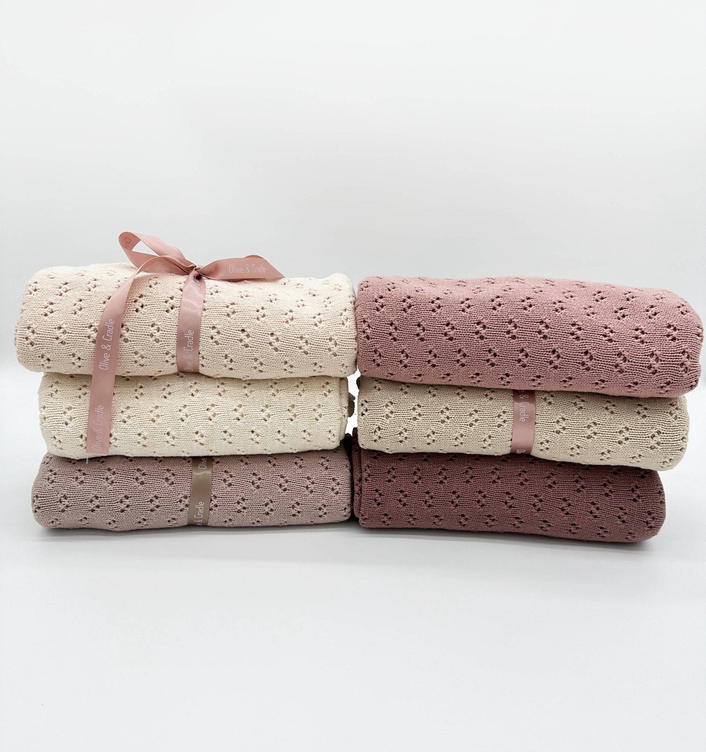 Grace Knitted Cotton Baby Blanket: Mauve